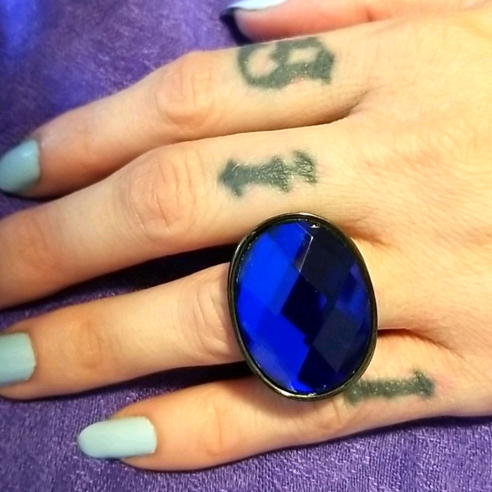 *3 FOR $15* Large Blue Faceted Stone Gunmetal Ring